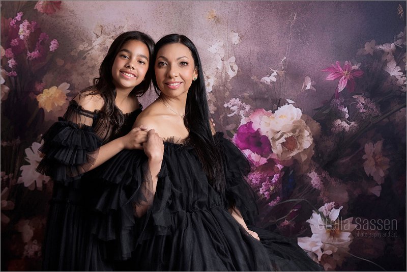 Mommy and Me photo shoot on floral background in studio