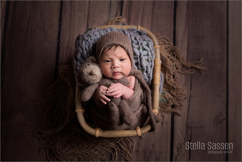 A newborn peacefully sleeping in a basket prop, holding a small stuffed bear, during his studio photo shoot